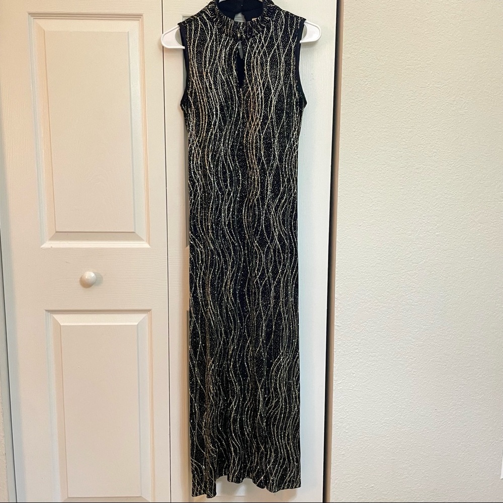 Coldwater Creek Black Gown w/ sparkly metallic gold stitching & tiny rhinestone